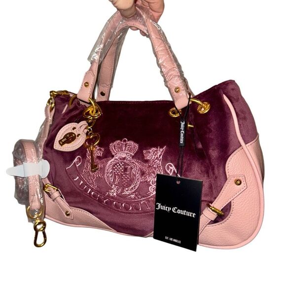 Juicy Couture Bordeaux Velour Pink Faux Leather Nuova Twig Dog Double Handle Bag - Picture 3 of 13